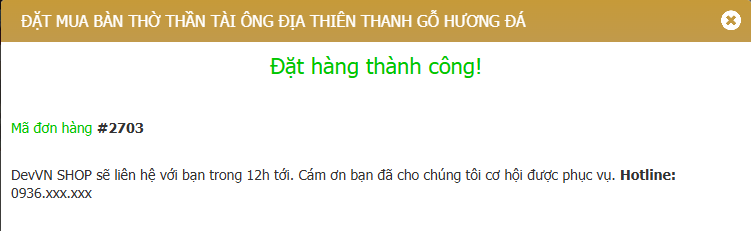 Thông báo đặt hàng thành công Thông báo đặt hàng thành công