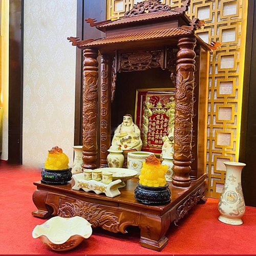 Bàn thờ thần tài gỗ sồi màu cánh gián mẫu Đức Thịnh