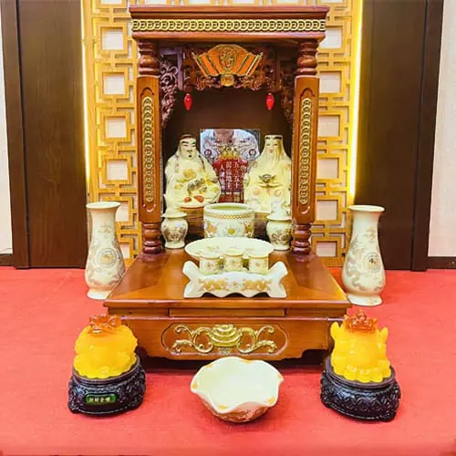 Bàn thờ thần tài gỗ sồi màu cánh gián mẫu Hoạch Tài
