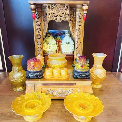 Bàn thờ thần tài gỗ sồi màu cánh gián mẫu Vượng Tài