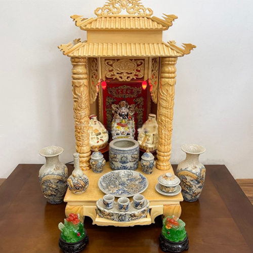 Bộ bàn thờ thần tài gỗ sồi màu nguyên bản mẫu Thịnh Lộc