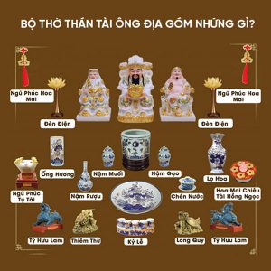 Bàn thờ Thần Tài gồm tượng Thần Tài, Ông Địa, bát nhang, hũ gạo, muối, nước,...