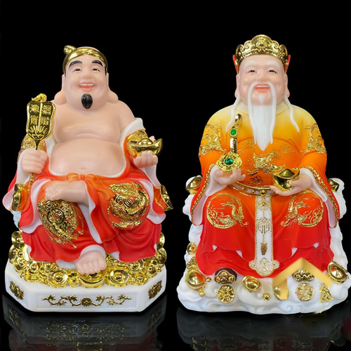 Tượng Thần Tài Thổ Địa Trang Phục Màu Đỏ Cam Viền Vàng