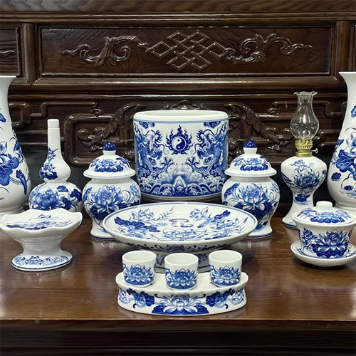 Bộ đồ thờ men lam Bát Tràng mẫu DTBT-003